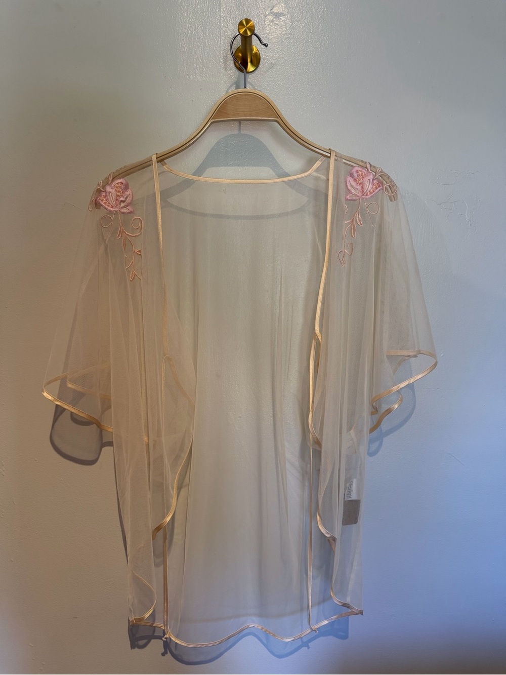 Shirley of Hollywood Sheer Chiffon Robe in Cream with Pink Floral Accents